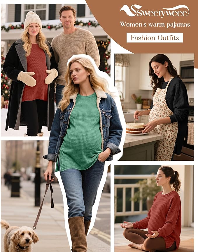 3 Pack Women's Maternity Shirts Long Sleeve Waffle Knit Side Split Oversized Tops Pregnancy Clothes Fall Tees