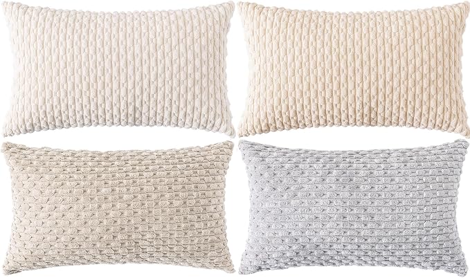 Set of 4 Neutral Decorative Throw Pillow Covers 12x20 Inch Corduroy Pillow Covers for Bed Couch Sofa Living Room Soft Cushion Cases