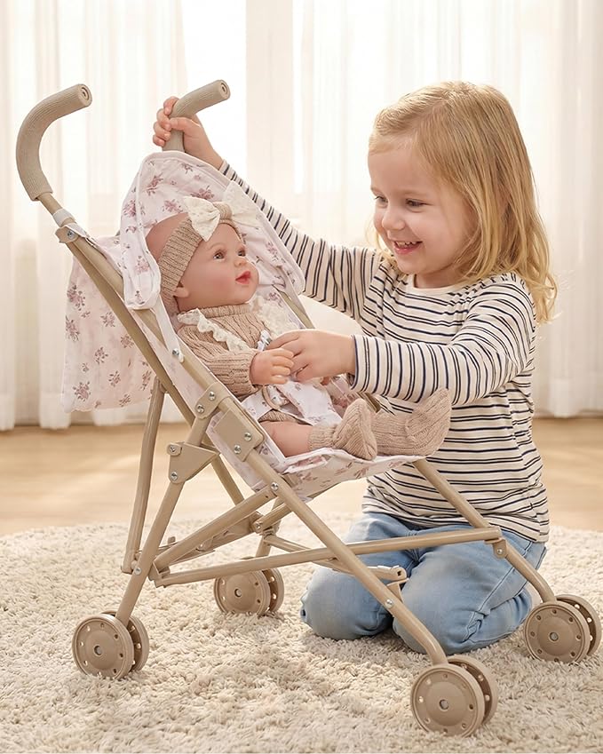 BABESIDE Baby Doll Stroller, Easy-to-Assemble Stroller for 3+ Girls, Includes 5-Piece Baby Doll Playset with Accessories for 12-15 Inch Dolls