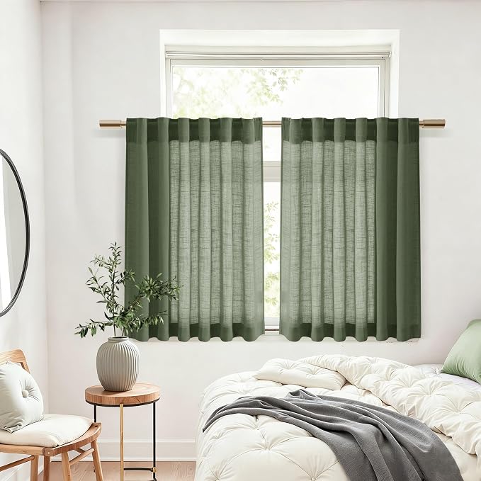 Nanspring Short Linen Curtains 36 Inch Length for Kitchen Windows Over Sink Olive Green Light Filtering Back Tab and Rod Pocket Neutral Curtains for Cafe Basement 30 x 36 Inch,2 Panels