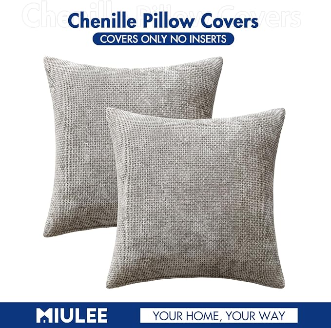 MIULEE Decorative Couch Throw Pillow Covers 20x20 Inch Light Gray 2 Pack | Modern Boho Accent, Soft Chenille Pillow Covers, Farmhouse Cushion Cases for Home Decor Bed Sofa Living Room