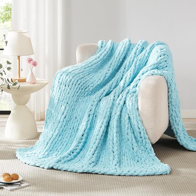 L'AGRATY Chenille Chunky Knit Blanket, Light Blue, 50x60, Heavyweight Throw Blanket for Home Decor | Handmade Chenille Crochet Blanket for Sofa Bed, Thick Cable Knitted Blankets for Room Home Decor, Birthday Gift for Women Mom