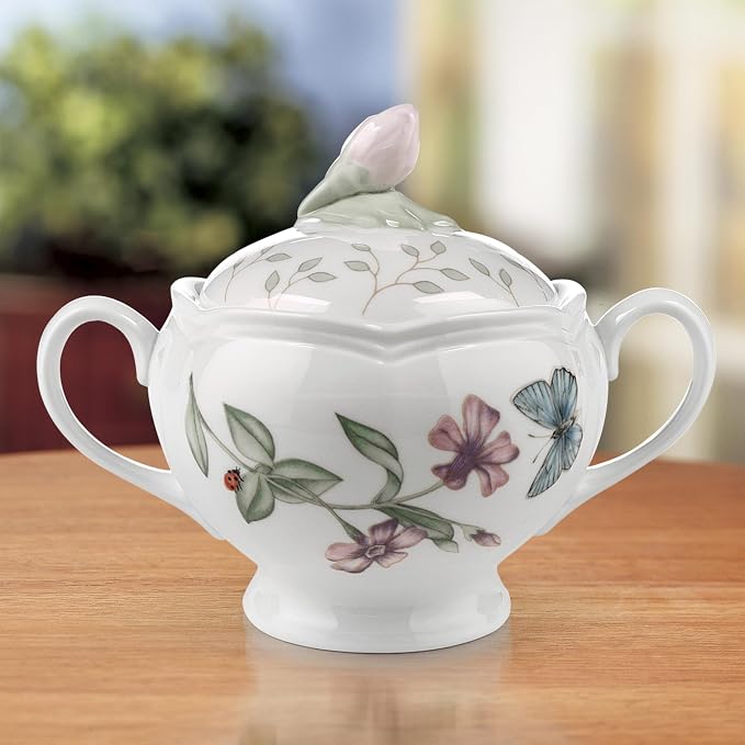 Lenox Butterfly Meadow Double Handled Sugar Bowl with Lid, White -, 1 Count (Pack of 1)
