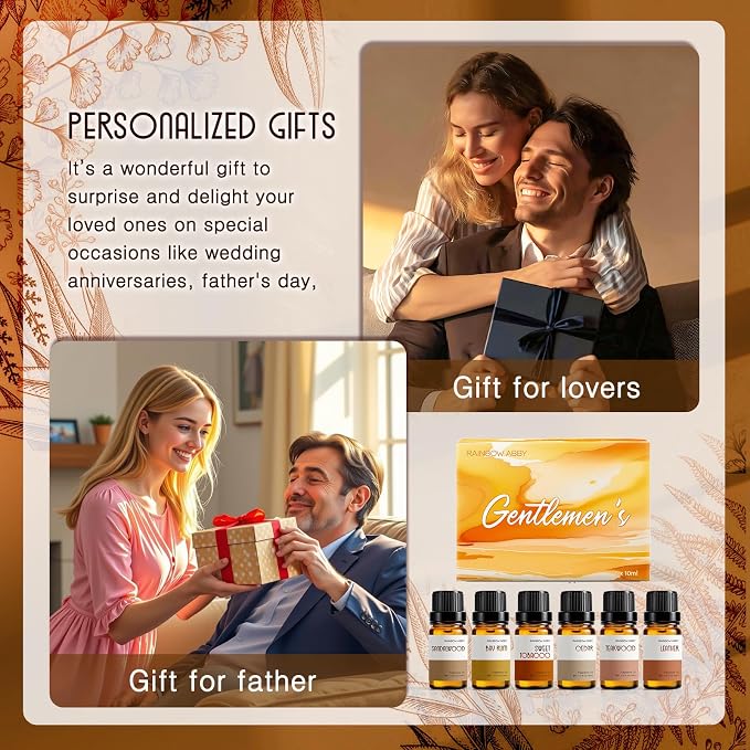 RAINBOW ABBY Fragrance Oil Gentlemen's Set - Leather, Bay Rum, Teakwood, Cedar, Sweet Tobacco, Sandalwood Aromatherapy Oils for Candle & Soap Making, Diffuser Oil Scents (6x10ML)