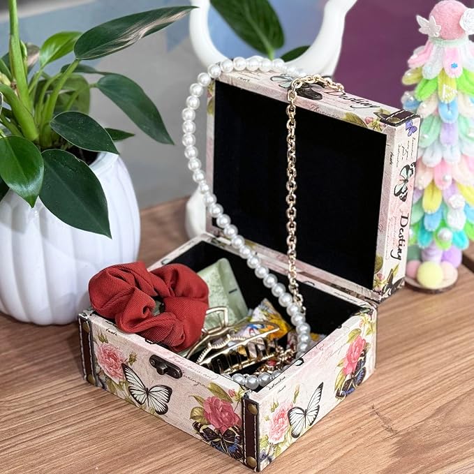 Butterfly Jewelry Box Pink Wood Treasure Chest for Women Girls | Storage Decorative Box for Jewelry Trinkets Photos Gifts Decorative Keepsake Box Home Decorations