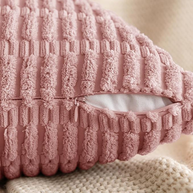 MIULEE Corduroy Decorative Throw Pillow Covers 18x18 Blush Pink Pack of 2 | Soft Boho Striped Pillow Covers Modern Farmhouse Home Decor For Sofa Living Room Couch Bed