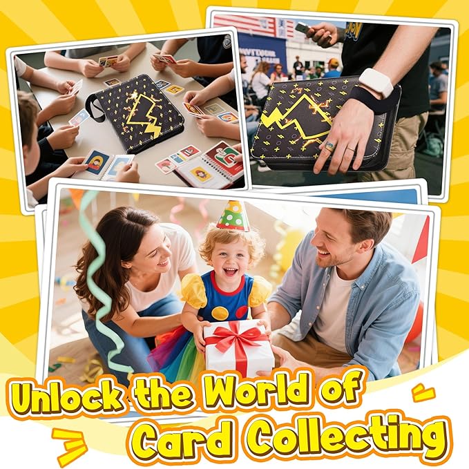 Card Binder – 9 Pocket Zipper Collection Album, Premium PU Holder, Double-Sided Display for 900 Cards, Includes 5 Hard Plastic Sleeves for Game Cards, Sports Cards(Lightning)