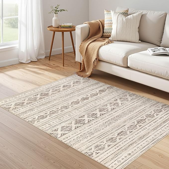 Nakagishi Boho 4x6 Area Rug Living Room Rugs Machine Washable Dark Brown | Soft, Pet & Kid Friendly, Carpet for Living Room/Bedroom/Office/Kitchen/Nursery, Daily Home Decor Stain Resistant Moroccan