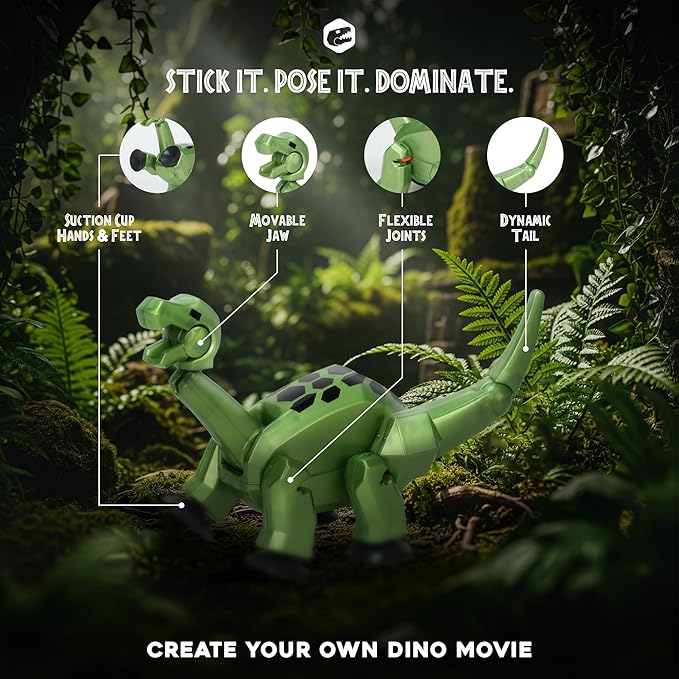 Zing Stikbot MEGA Dino, 6" Long x 3" Tall StikBot, Create Stop Motion Animation, Age 4+ (Metallic Green - Brontosaurus)