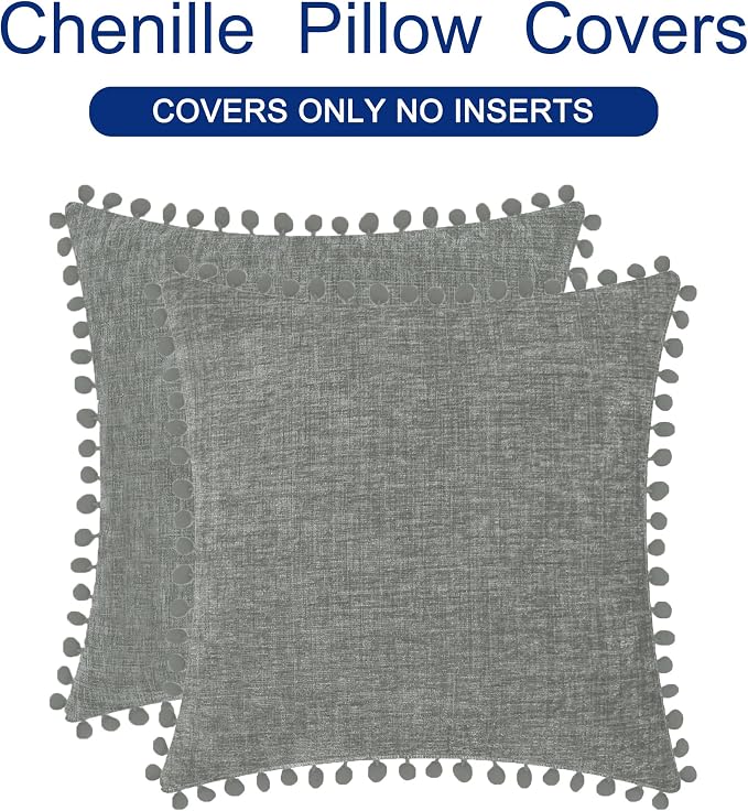 CaliTime Decorative Couch Throw Pillow Covers 18 X 18 Inches Medium Grey | Pack of 2, Cozy Chenille Cushion Cases, with Pom Poms for Sofa Bed Living Room Farmhouse Home