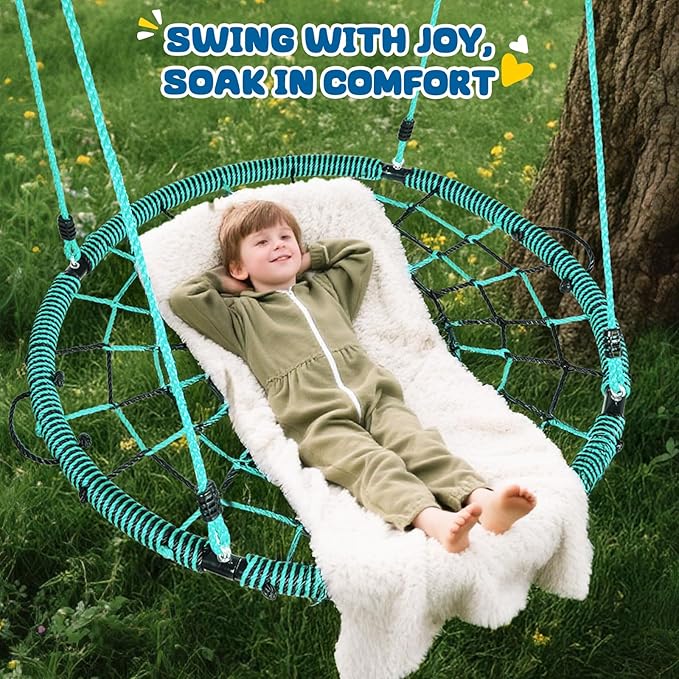 Trekassy 750lbs 40“ Spider Web Saucer Tree Swing for Kids Adults, Outdoor Net Swing with Steel Frame and 2 Hanging Straps-Green+Black (Patented)