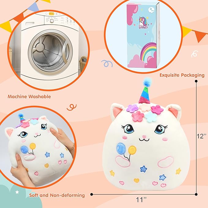 Easfan 12'' Birthday Princess Kitty Plush Pillow Soft Kitty Plush Toy Cute Cat Stuffed Animal Home Room Decoration Birthday Gifts for Kids Toddlers, White
