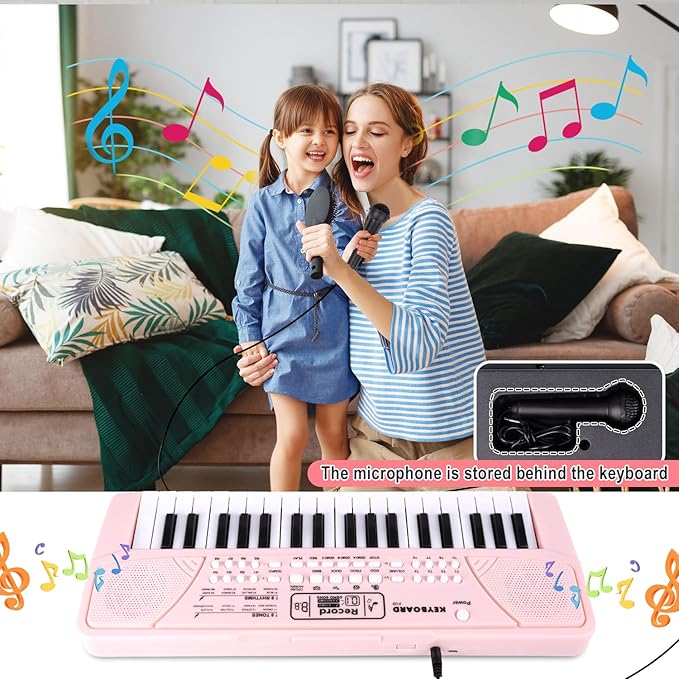 M SANMERSEN Upgraded 37 Key Kids Piano Keyboard with Microphone Music Toys for 3 4 5 6 Year Old Girls Gifts, Pink