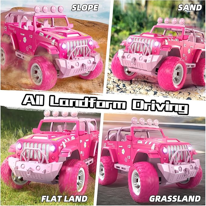 JUKUDAHU Pink Remote Control Car for Girls 4-7, 2.4GHz Off-Road RC Jeep with Spray, Climbing Toy for Girls Aged 3-4 5-6 7-8 9-10, Remote Control Vehicle Gift for Birthday Christmas Toys