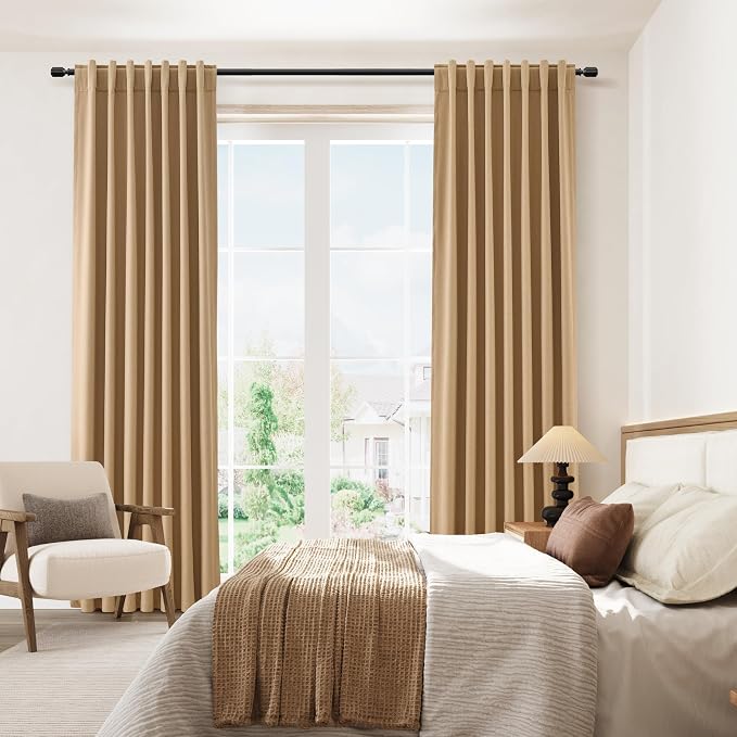 Guken 100% Blackout Linen Curtains 80 Inch Length 2 Panels Set for Living Room Bedroom Back Tab Thermal Insulated Black Out Linen Drapes Room Darkening Window Curtains,Camel Brown