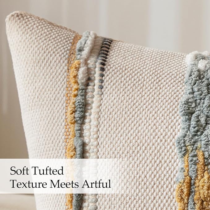 ANRODUO Boho Decorative Pillow Covers 18x18 Blue-Earth Tones Pack of 2 | Throw Pillow Covers, Farmhouse Cushion Case, Chenille Pillow Cases, Pillow Covers, Neutral Pillowcase for Sofa Couch Bed