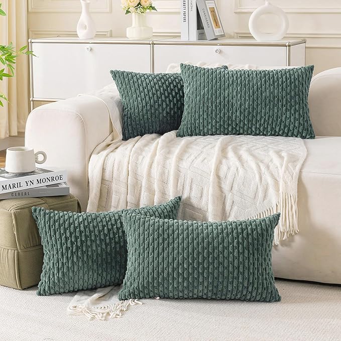 Set of 4 Teal Green Decorative Throw Pillow Covers 18x18 Inch Corduroy Pillow Covers for Bed Couch Sofa Living Room Soft Square Cushion Cases
