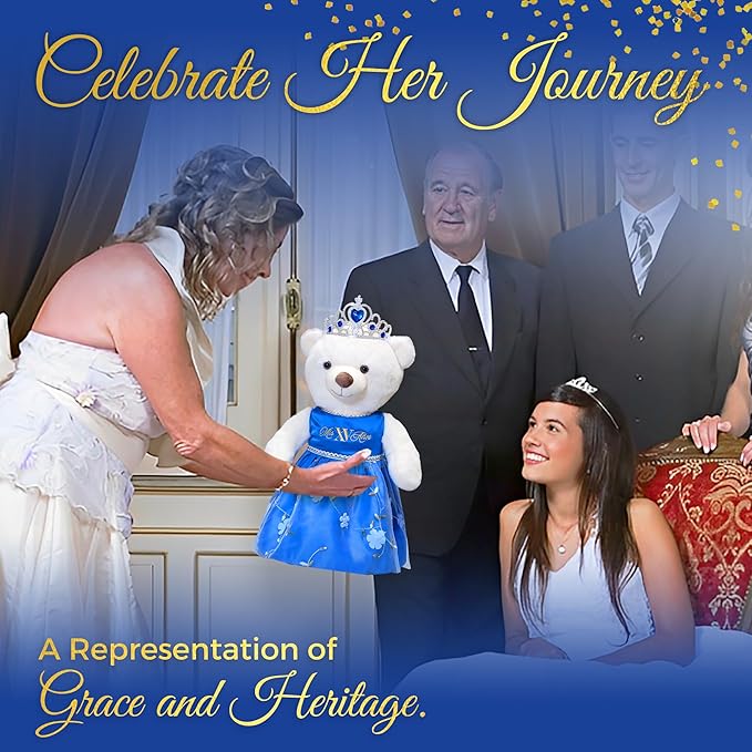 Quinceañera Teddy Bear 18-inches Tall with Dress for 15th Birthday, Quince Bear with Matching Crown, Ideal Keepsake for 15th Birthday, Mis XV Años - Dark Blue