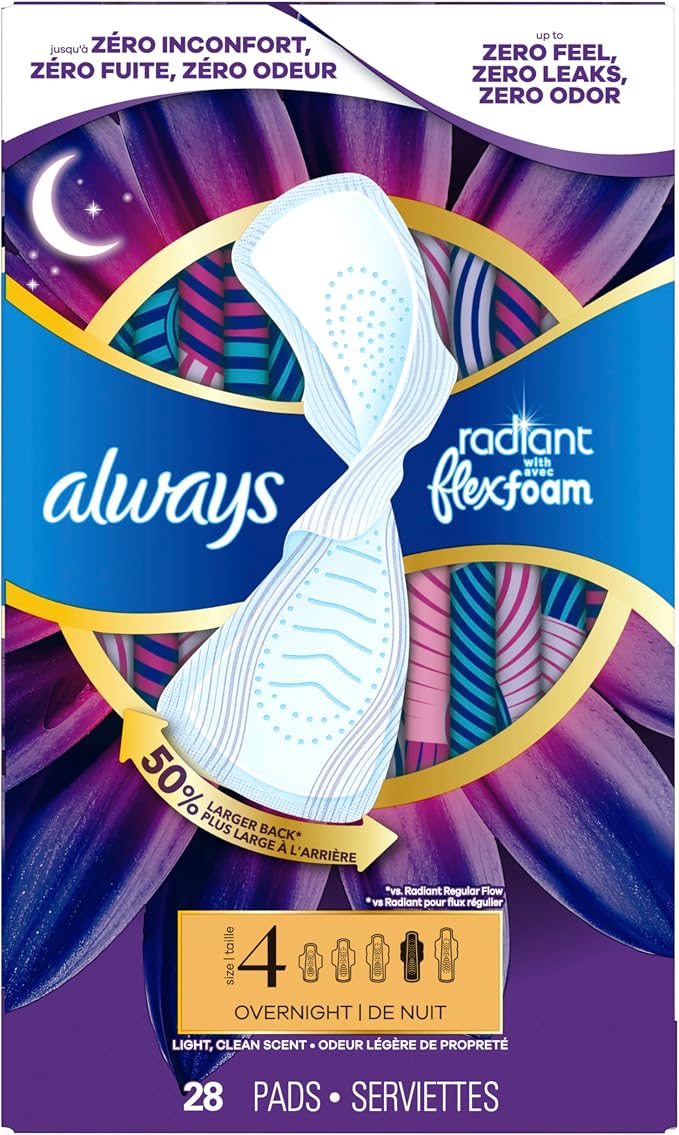Always Radiant Feminine Pads for Women, Flexfoam Pads with Wings, Size 4, Overnight Absorbency, Lightly Scented, 28 Count
