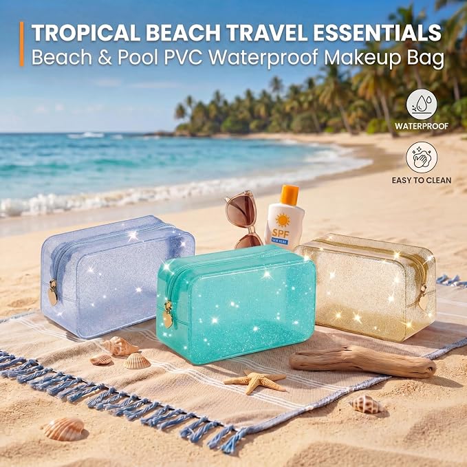 RSRSLEII Stardust Twinkle Jelly Travel Makeup & Toiletry Bag, Waterproof PVC Cosmetic Bag/Case for Women,Zipper SPF Beach Bag for Sunscreen Skincare and Daily Essentials (10Gold)