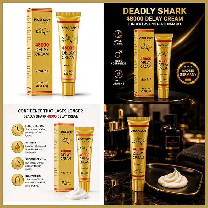 Deadly Shark 48000 Delay Cream for Men with Vitamin E, Male Performance Support Cream for Temporary Sensitivity Reduction, Long Lasting Comfort Formula, 0.51 fl oz (15 ml)