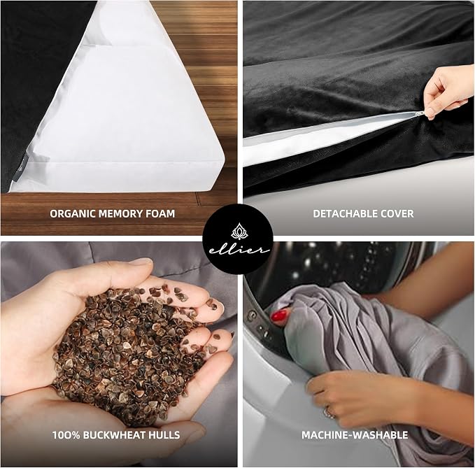 Zafu & Zabuton Meditation Cushion Set - Buckwheat Hull & Memory Foam Pillows, Ergonomic Support for Yoga, Mindfulness - Organic Velvet Cover, Large Size, Durable Comfort (Black)