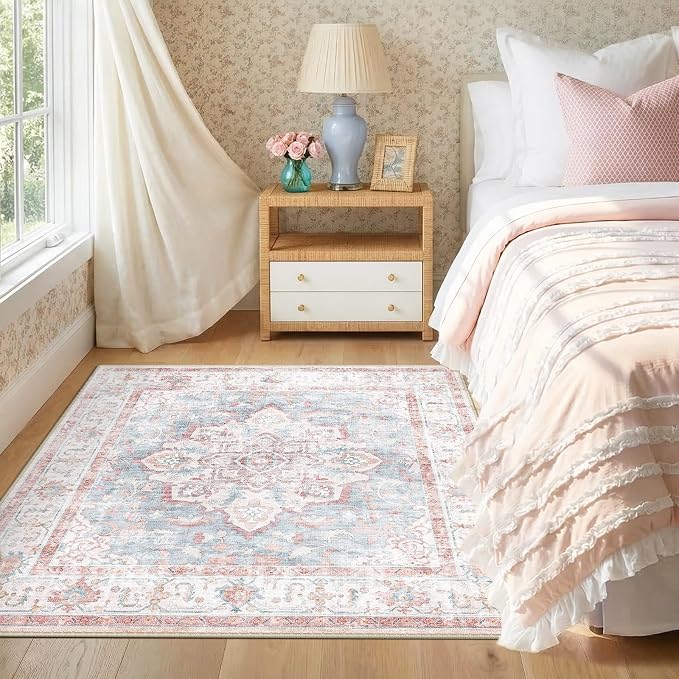 CAPALOCA Square 5ft Washable Nursery Girls Low Pile Area Rug Pink Blue | Non-Slip Soft Rugs for Bedroom Kids Playroom Living Room, Print Pattern Water Repellent Carpet Indoor Decor
