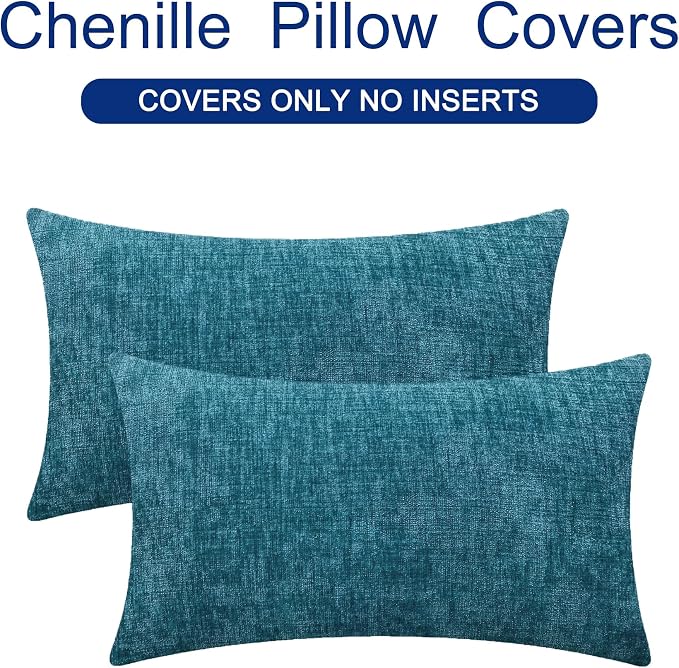 CaliTime Decorative Couch Throw Pillow Covers 26 X 16 Inches Ocean Blue | Pack of 2, Cozy Chenille Cushion Cases for Sofa Bed Living Room Farmhouse Home