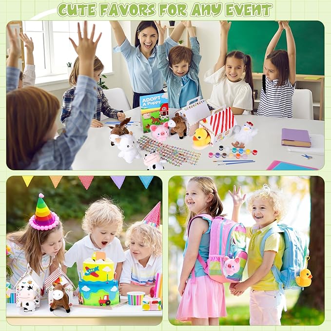 31 Pieces Farm Animal Puppy Party Favors 12 Mini Plush Farm Animals with Keychain Include Adopt a Puppy Sign DIY White House, Paint Brushes Stickers for Birthday Xmas DIY Craft Party Gifts