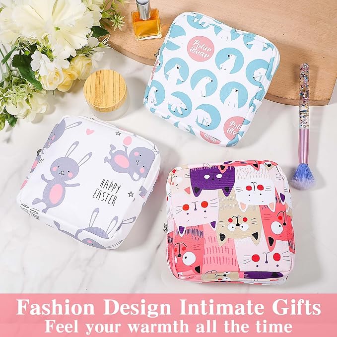 3 PCS Sanitary Pad Storage Bag Portable Period Bag for Teen Pads/Sanitary Napkins/Tampons, Sanitary Napkin Storage Bags First Period Gifts for School, Hygiene Bags Travel Containers (Pink,Grey, Blue)