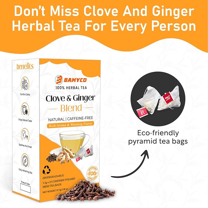 Clove & Ginger Tea Bags Caffeine Free Herbal Tea, 25 Pyramid Clove Tea Bags
