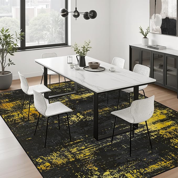 5x8 Area Rug Living Room Rug: Washable Modern Abstract Soft Thin Rug Indoor Floor No Slip Carpet for Bedroom Dining Room Farmhouse Nursery Home Office - Dark Black Gold