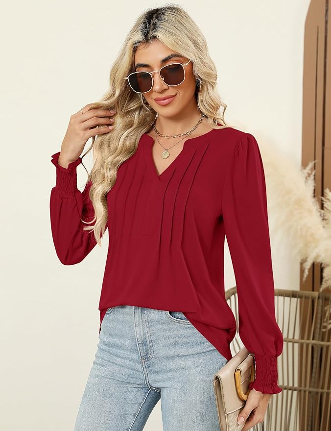 LOMON Womens Tops Dressy Casual Pleated Ruffle Long Sleeve Tunics Tops to Wear with Leggings V Neck Work Blouse