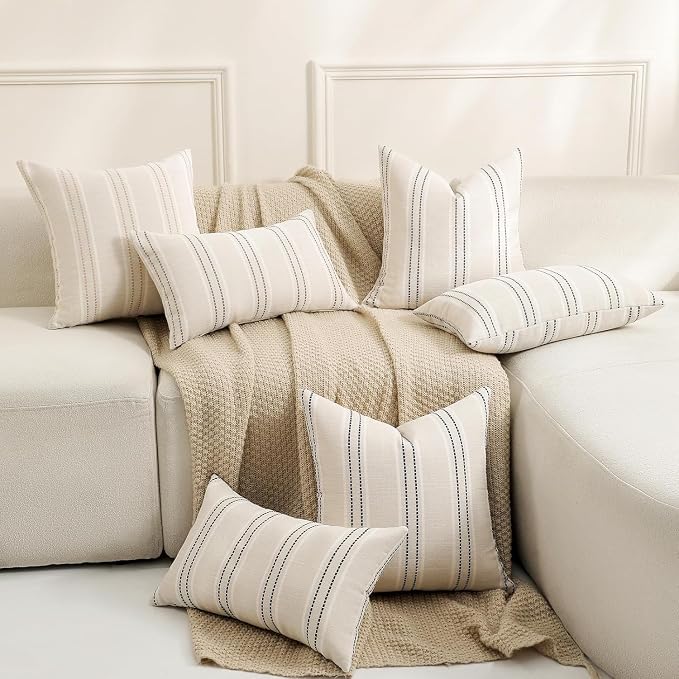 Hckot Stripe Throw Pillow Covers 26x26 Large Square Grey Pillow Covers | Farmhouse Decorative Pillows Textured Linen Euro Sham Cushion Covers for Sofa Couch Bed Living Room Decor