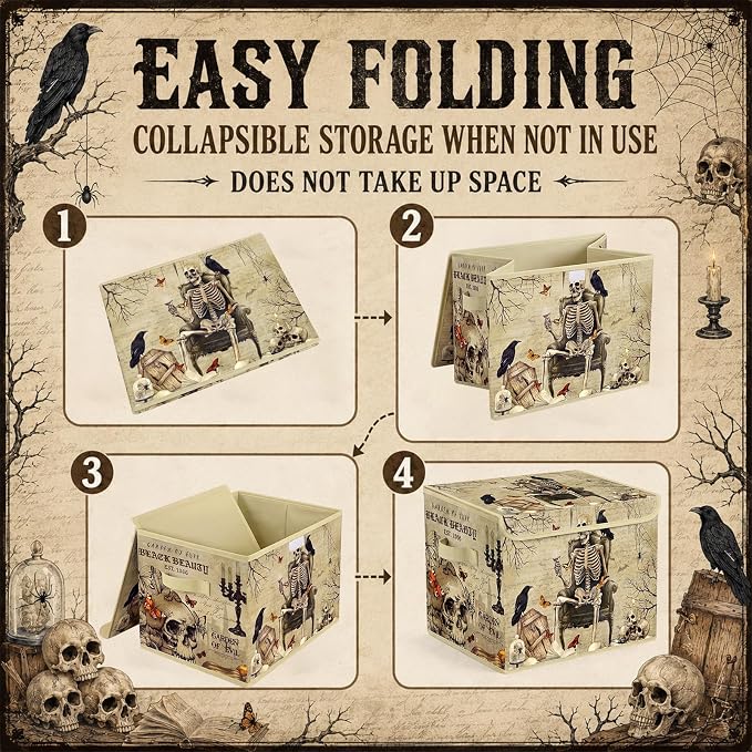 Briwooody Halloween Storage Bin with Lid and Carrying Handle Halloween Gothic Skull Foldable Storage Box Large Vintage Skeleton Decorative Collapsible Container Basket for Closet Home Bedroom Gift