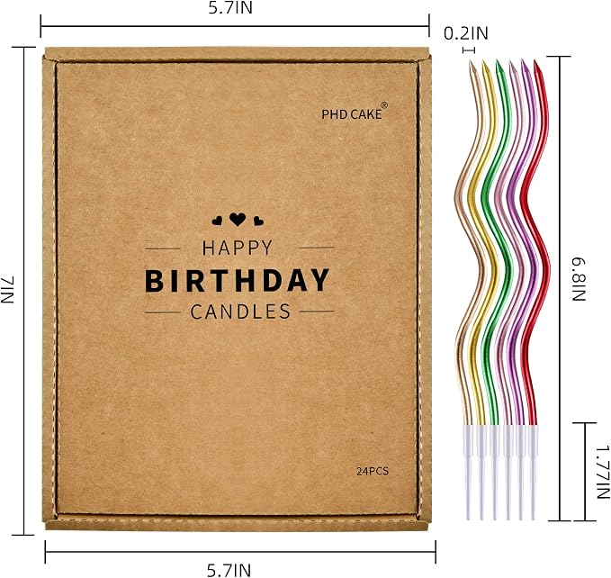 PHD CAKE 24-Count Colorful Metallic Spiral Long Thin Birthday Candles, Cake Candles, Birthday Parties, Wedding Decorations, Party Candles