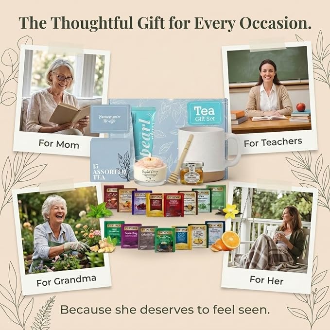 Tea Gift Set for Women – 15 Assorted Teas, Premium Ceramic Mug, Soy Wax Candle, Hand Crème & Honey | Tea Sets for Adults, Tea Gift Box for Birthday, Get Well, Self Care, Teacher