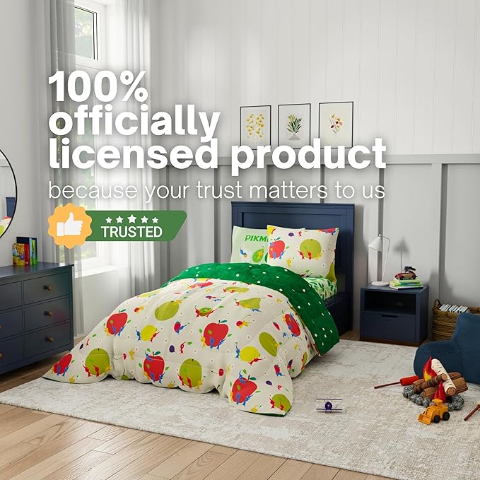 Nintendo Pikmin Video Game Kids Bedding Set, Twin Size 5 Piece Reversible Comforter and Sheet Set with Sham, (Officially Licensed Product) by Franco