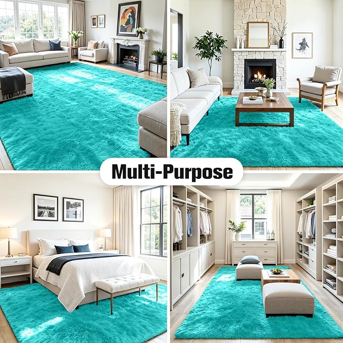 8x10 Area Rug for Living Room, Ultra Soft Fluffy Turquoise Rugs for Bedroom, Non Slip Large Shag Carpet, Fuzzy Plush Nursery Rug, Thick Washable Indoor Floor Carpets for Kids Office Dorm Home Decor
