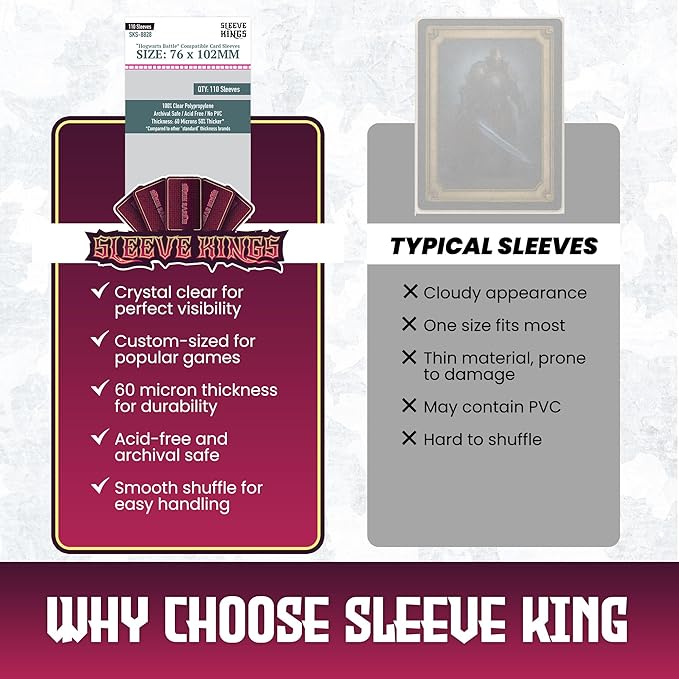 Sleeve Kings Standard Card Sleeves – 110 Count, Clear 60 Micron Thickness, Large Size (76 x 102 mm), Compatible with Hogwarts Battle & More – SKU: SKS-8828