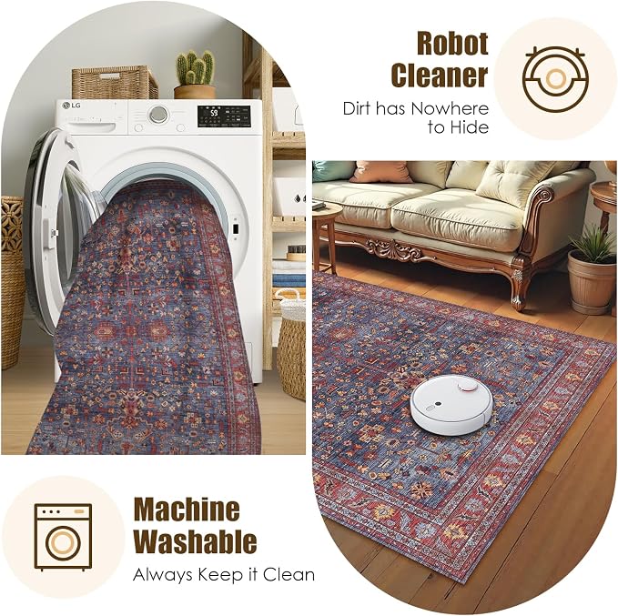Washable Area Rug 8' x 10' Vintage Traditional Persian Mat - Foldable Distressed Non-Slip Machine Washable Carpet for Living Room Bedroom Kitchen Home Decor - Indigo and Crimson