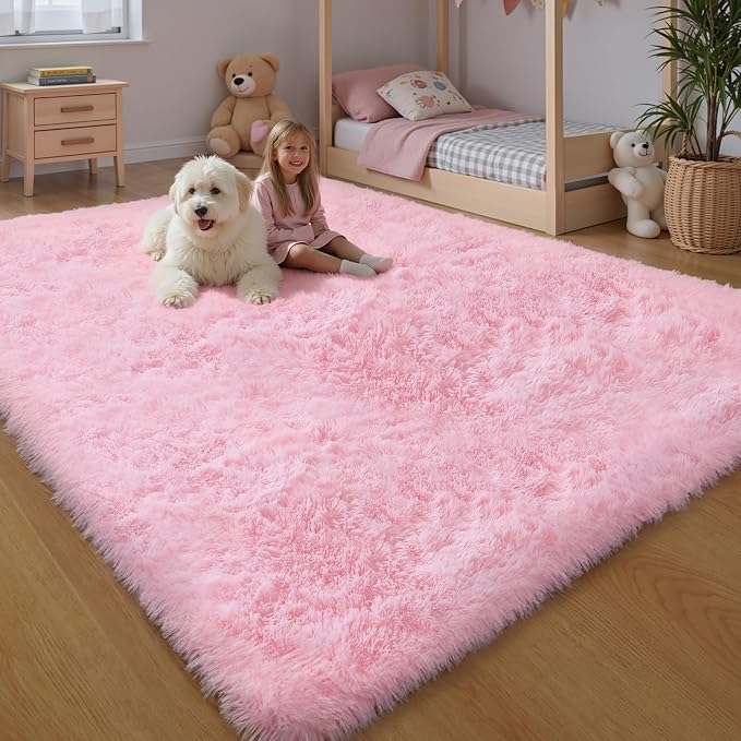 6x9 Thick Pink Shag Rug for Girls Bedroom, Soft Plush Fluffy Carpet | Area Rug for Living Room, Toddler Nursery, Kids Dorm Room, Washable Non Slip Shaggy Carpet