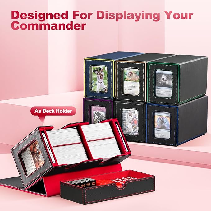 UAONO Card Deck Box for MTG, Double Card Storage Box with 2 Commander Display & 1 Dice Tray, Fits 200+ Double Sleeved Cards, Card Organizer for CCG TCG Sports Cards (Black Red)