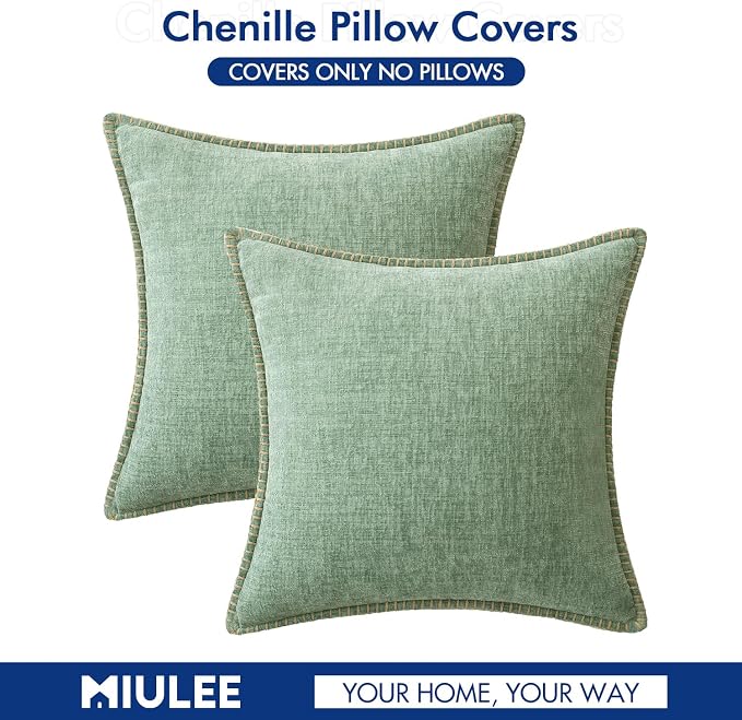 MIULEE Decorative Couch Throw Pillow Covers 18x18 Inch Greyish Green 2 Pack | Farmhouse Pillow Covers with Stitched Edge, Soft Chenille Cushion Cases, for Sofa Bed Living Room Home Decor
