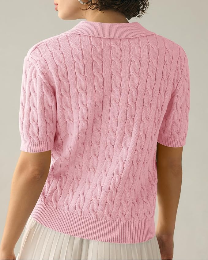 Imily Bela Womens Cable Short Sleeve Sweaters Tops Lapel V Neck Knit Shirt | Solid,Knit Casual,Soft Pullover,Fall Sweaters,Womens Summer Work Tops