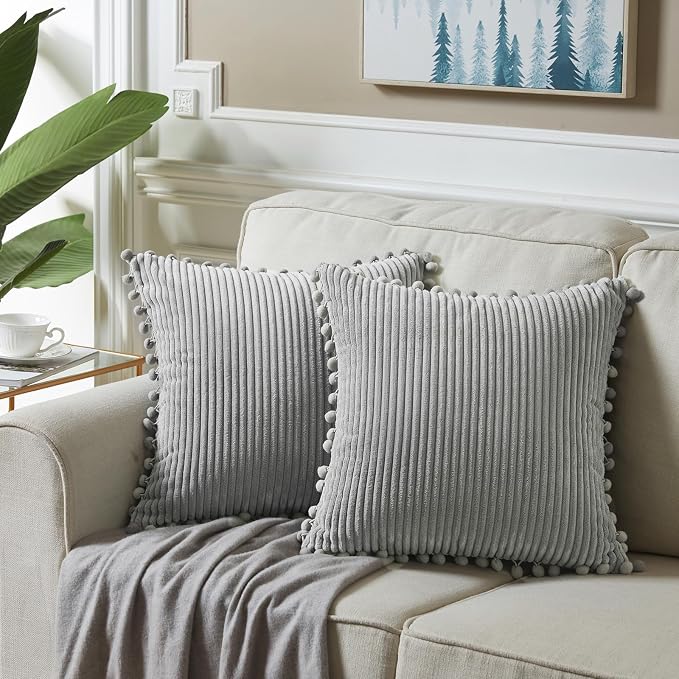 Fancy Homi 2 Packs Neutral Grey Decorative Throw Pillow Covers 18x18 Inch with Pom-poms for Couch Bed Sofa, Aesthetic Modern Organic Farmhouse Boho Home Decor, Soft Corduroy Cute Accent Cushion Case