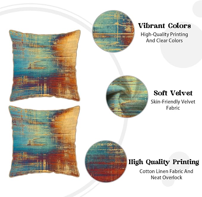 KSLIDS Vintage Abstract Soft Velvet Throw Pillow Covers Set of 2 Blue Orange Messy Rust Painting Decorative Pillow Covers 20x20 Inch Colorful Art Pillow Case for Sofa Couch Living Room Home Decor