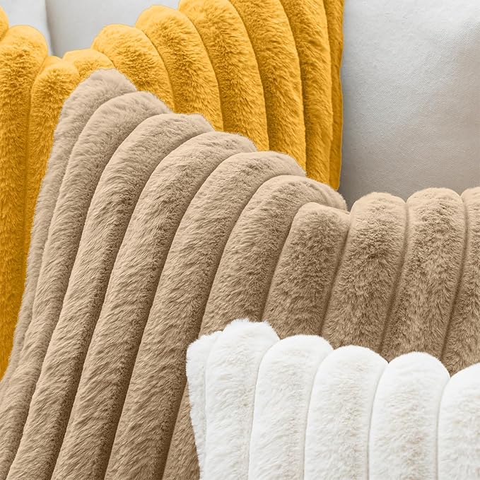 MIULEE Faux Fur Decorative Euro Sham Pillow Covers 24x24 Khaki 2 Pack | Modern Fall Soft Plush Couch Pillows, Cozy Fluffy Cushion Covers for Sofa Bed Living Room Home Decor