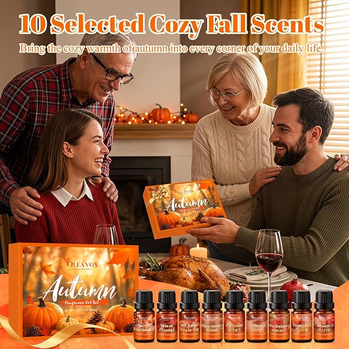 Autumn Fragrance Oil Gift Set,Fall Essential Oils for Diffuser, Scents for Candle Soap Making, Cinnamon & Apple,Pumpkin Spice, Huckleberry Harvest, Cashmere Cedar, Leaf More 10x5ml Aromatherapy Oils