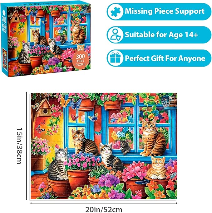 Jigsaw Puzzles for Adults 300 Pieces, Flower Cat Puzzle 300 Pieces for Adult Interlock Perfectly No Dust, Challenging Puzzles Home Decor Birthday Gift Toy for Men Women Kids Seniors (20.5"x15")